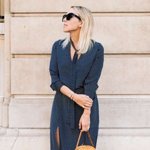 💕ALEXIS💕 Noelle Polka-dot Tie-neck Slit Midi Dress ~ Navy Blue XS - Picture 4 of 16